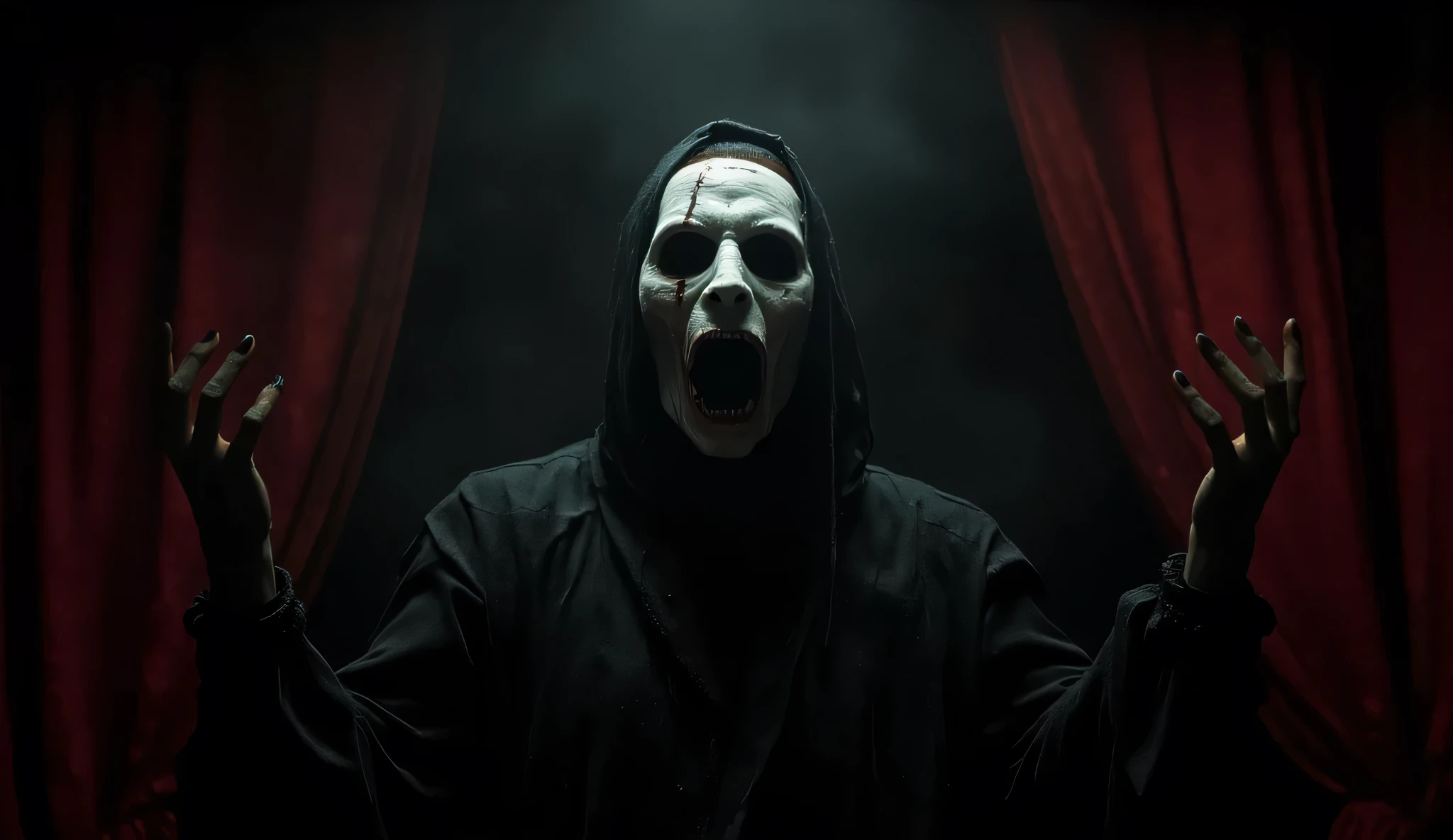 In a cursed theater a ghostly opera singer with a cracked masked and hollow eyes is performing a haunting aria evoking a sense of dread and beauty, hyper realistic, dark and atmospheric, detailed textures.