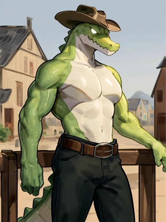 hi-res, good graphics, great anatomy, anatomically correct, solo, character sheet, male, masterpiece, detailed background, gummy(candy) lizard with yellow and green skin, brown belt, cowboy hat, (by dangpa,edjit), by glitch productions