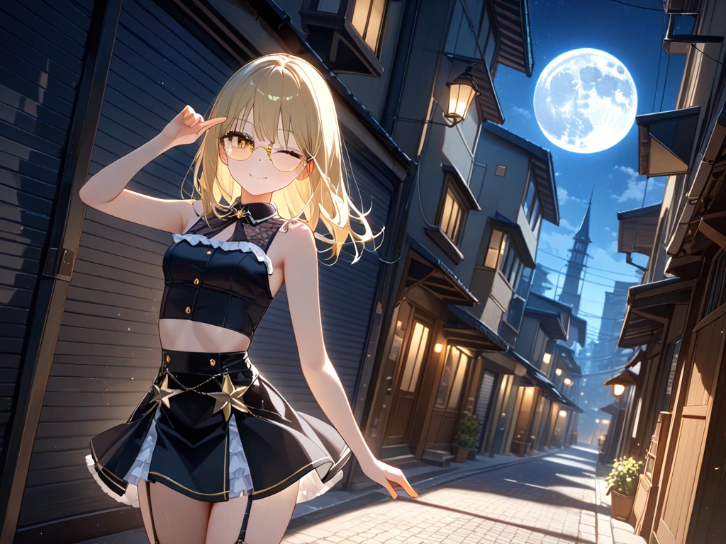 very thin girl, vampire, smiling, blonde, yellow eyes, extremely thin, very small breasts, flat tits, very thin legs, very short black dress, running, gothic street, night, covered in blood, panties showing, pokies