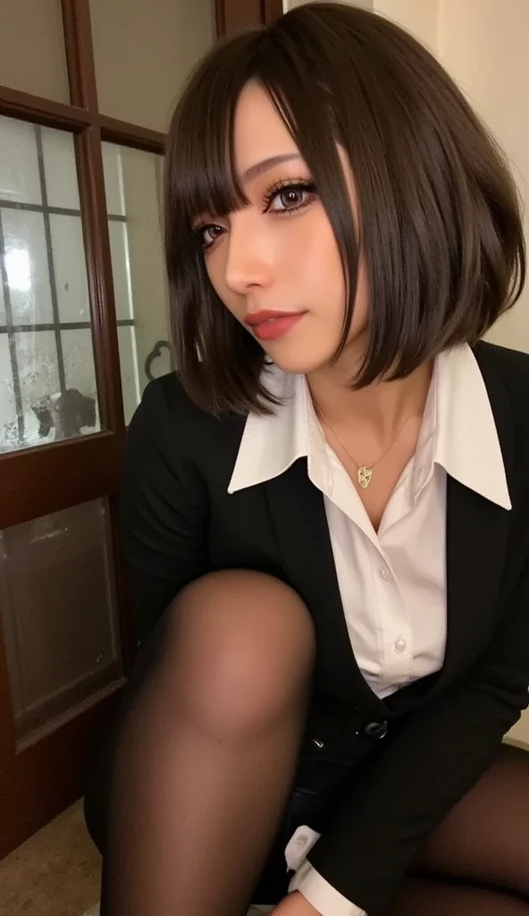 top-quality、超A high resolution、foco nítido、(Good anatomy:1.2)、(Photorealsitic:1.4)、(OL1 place:1.3)、Black Business Clothes、Black Blazer、Black tight skirt、high-heels、(huge-breasted:1.2)、Slender face、((looking at viewert))、 Looking at the camera、On the sofa in the conference room、((Lying on your back))、((Spread legs:1.4))、(up skirt:1.3)、(Woman Pulling Up Skirt)、A smile:.0.6、A detailed face、detailed skin textures、Detailed fabric texture、(Beautiful female genitalia、Emphasis on female genitalia、Woman showing off female genitalia、Photos focusing on female genitalia、taken from the under)、(From below)、Close-up in the crotch
