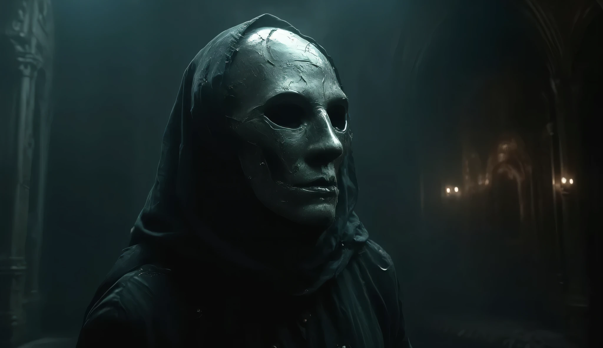 In a cursed theater a ghostly opera singer with a cracked masked and hollow eyes is performing a haunting aria evoking a sense of dread and beauty, hyper realistic, dark and atmospheric, detailed textures.