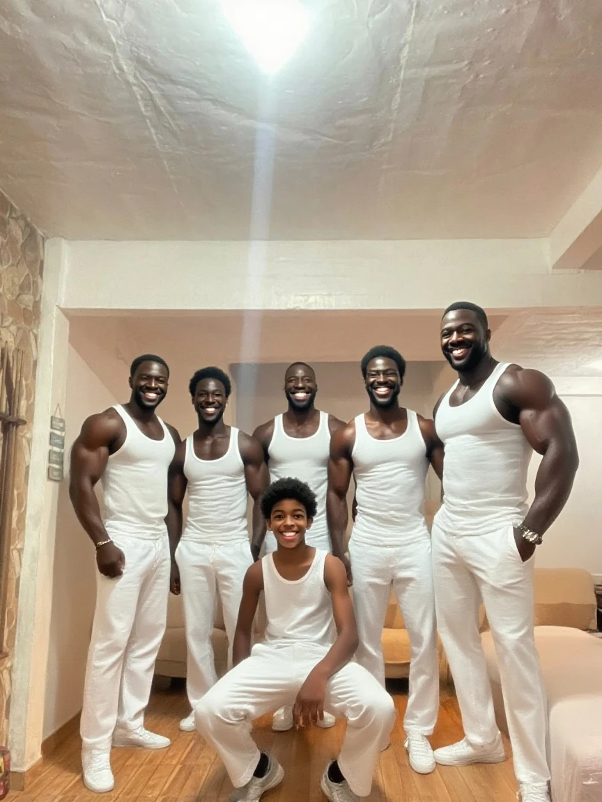 Foto RAW de corpo inteiro, Large group of muscular men over the age of 45 wearing a dirty white athletic support and worn with bulge, hugging each other, rosto florido (parede suja no fundo), (pele altamente detalhada: 1.2), 8k UHD, DSLR, soft-lighting, alta qualidade, film granulation, Fujifilm XT3, corpo inteiro, vista do solo