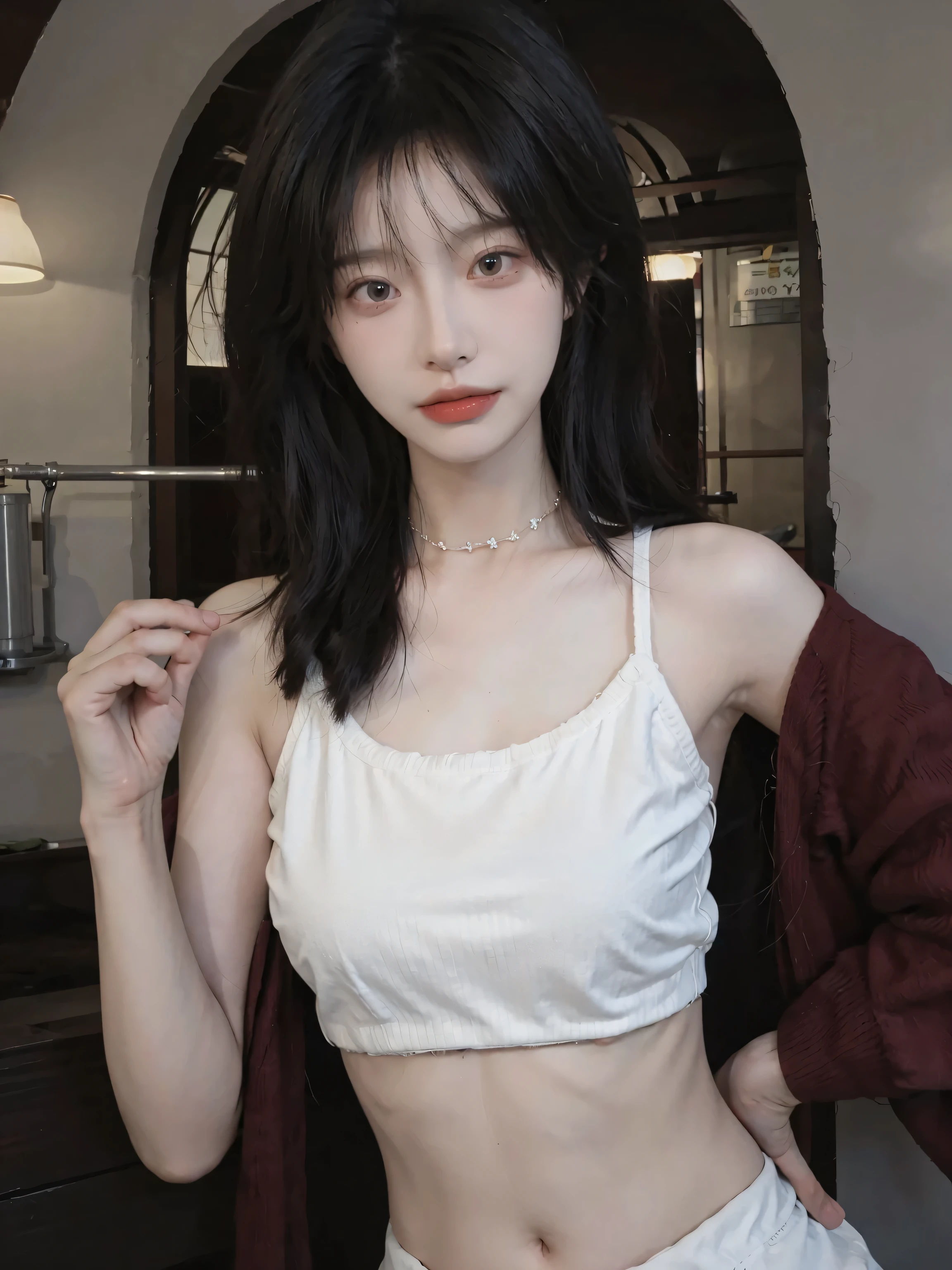 Beautiful woman with perfect figure:1.4，Ultra-high resolution，White background，（lifelike：1.4），Layered Hairstyle，White skin，Bikini:1.5，Super short pleated skirt，whole body，Very delicate face and skin texture，Double eyelids，Skin Whitening，short hair，White hair