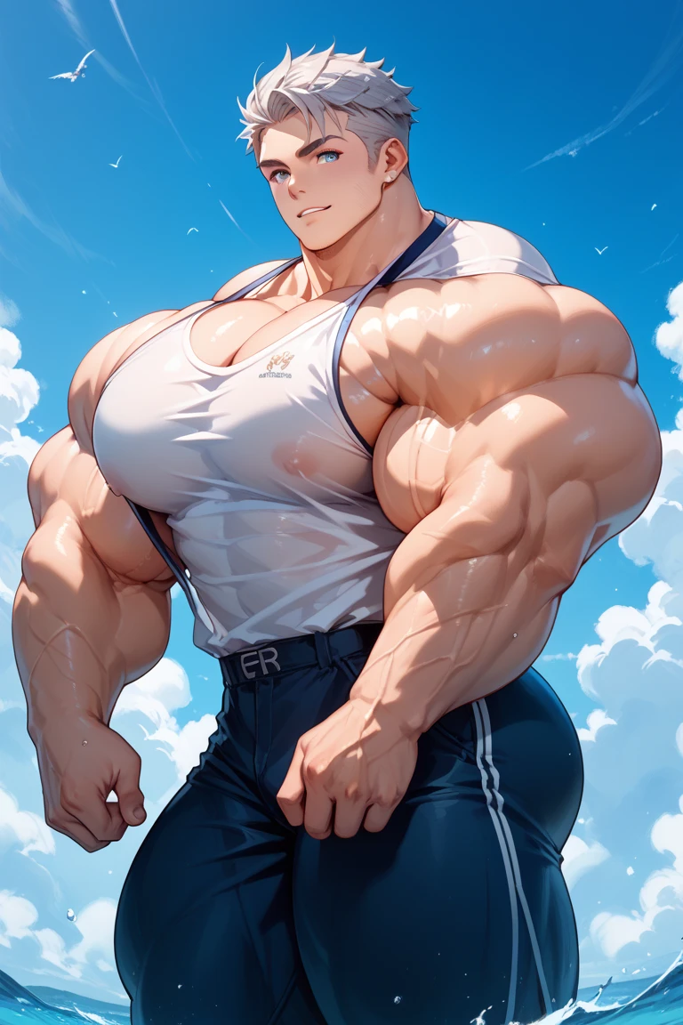 1boy korean male, (korean man with k-pop idol look), giant, model shoot style, looking at viewer, standing, strong body, standing, in the garden, white singlet & underpants, prominent large bulge, brutalmass, detailed face, heavy muscular, stubble, photo real, sexy, very big and tall, brutalmass, giant, muscular body, bulk, massive body, large size, smile, illuminating light, golden hour, outdoor