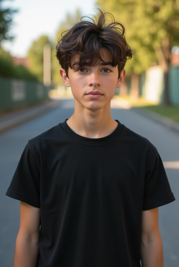 20 years old young boy stand in road smartly wearing a t shirt black background natural blur