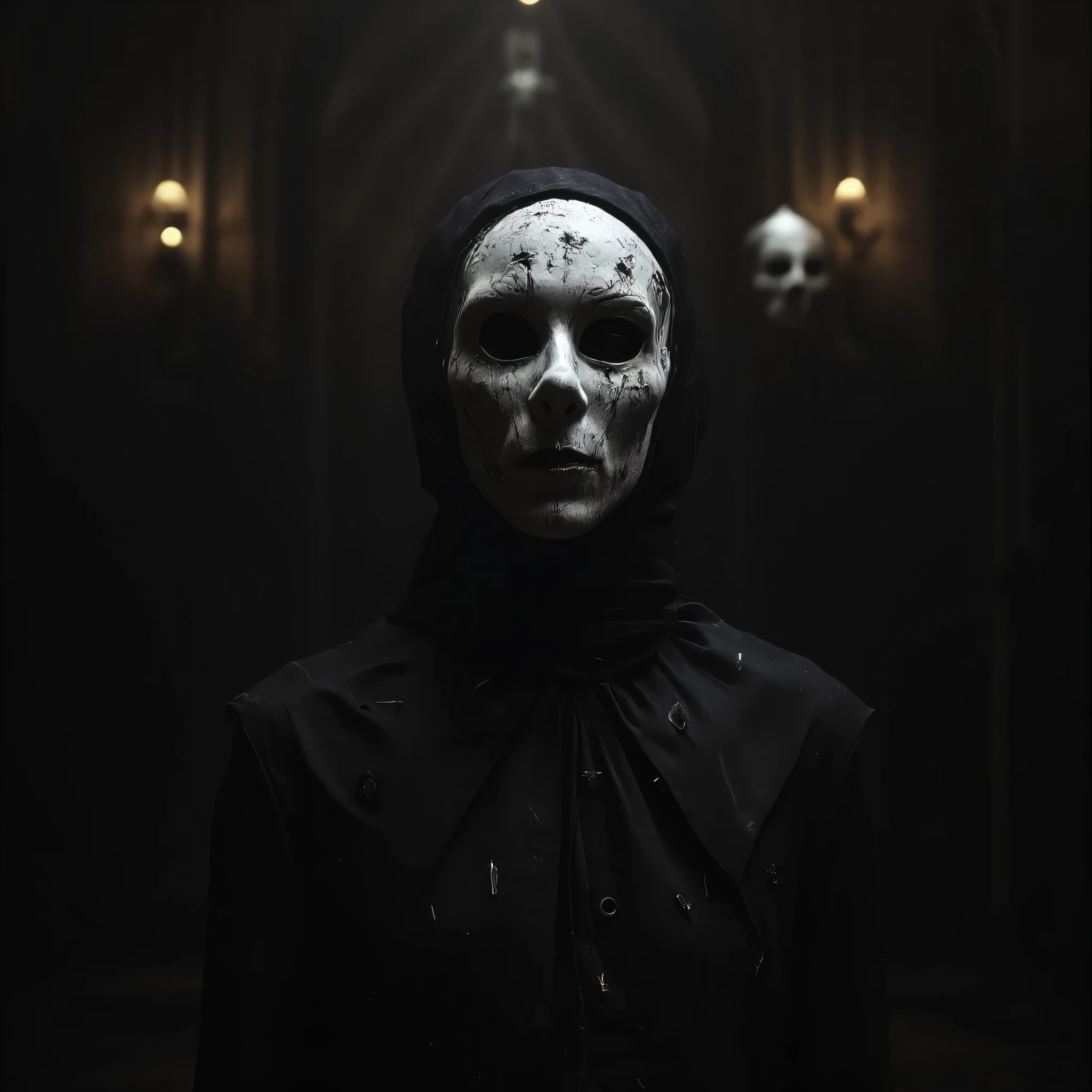 In a cursed theater a ghostly opera singer with a cracked masked and hollow eyes is performing a haunting aria evoking a sense of dread and beauty, hyper realistic, dark and atmospheric, detailed textures.
