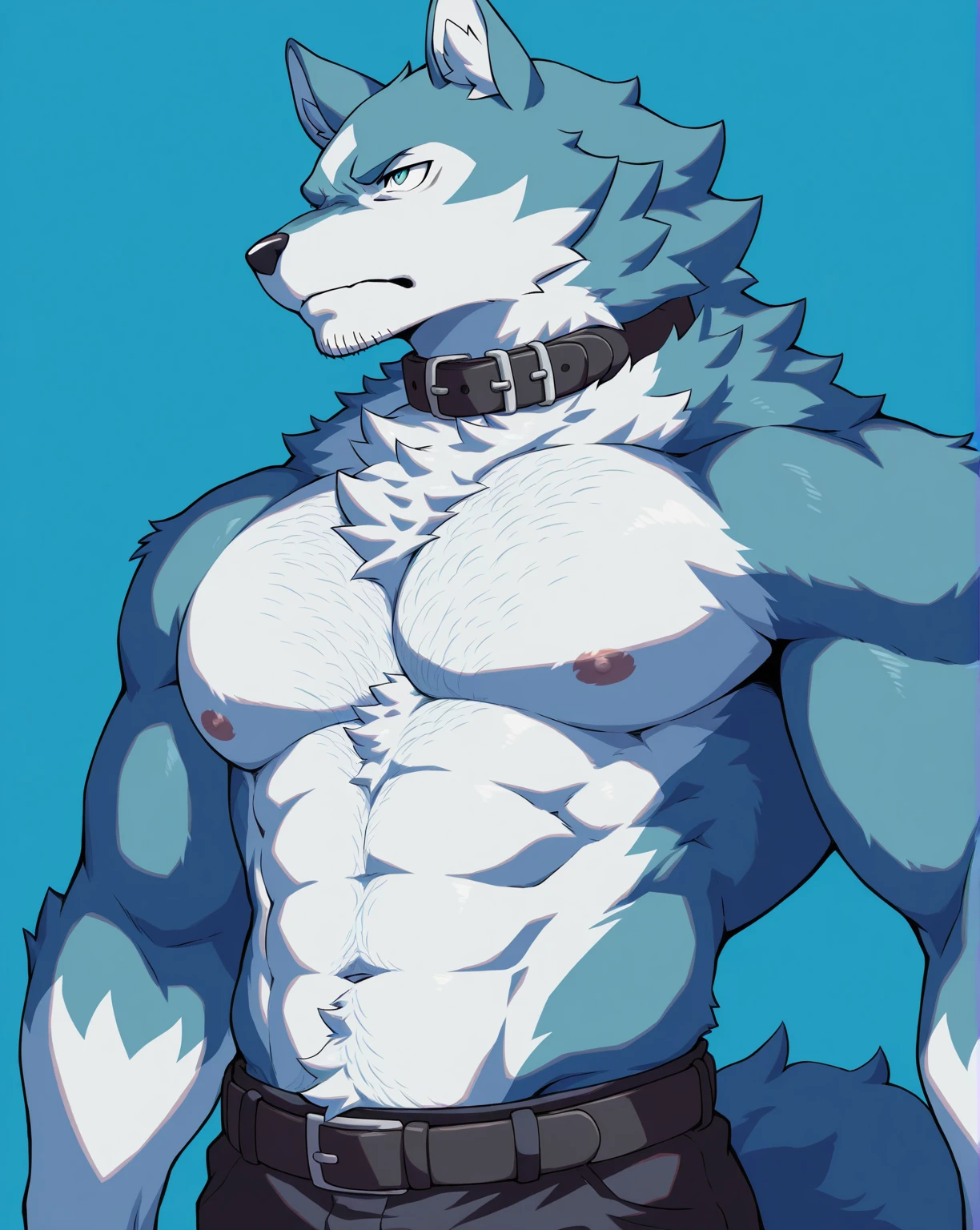 4k, high resolution, best quality, masterpiece, perfect shadows, front view, furry, solo, muscular, big muscles, beard, long white hair, wolf, male, adult, shirtless shorts briefs, belly, nipples, sweat, looking at viewer, shy, blushing smiling, hands on hips((correct anatomy)), scars, white background