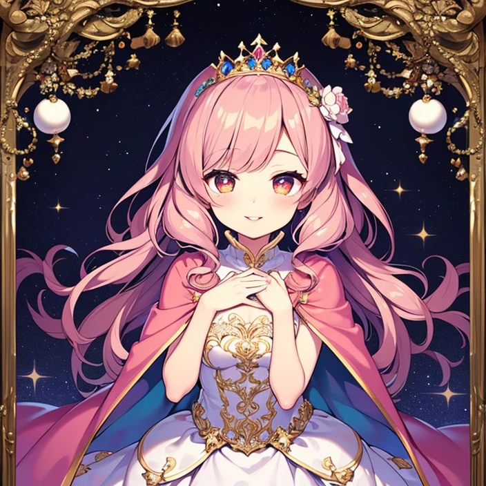 (kawaii),(best quality),(ultra detailed),(rococo style),(long train pastel pink cape:1.15), very long cape,(long train white ball gown with flower decorations:1.1), a girl is wearing a cape over her gown, 1 little princess, tiara, smile, very long hair, small , beautiful detailed eyes, beautiful detailed lips