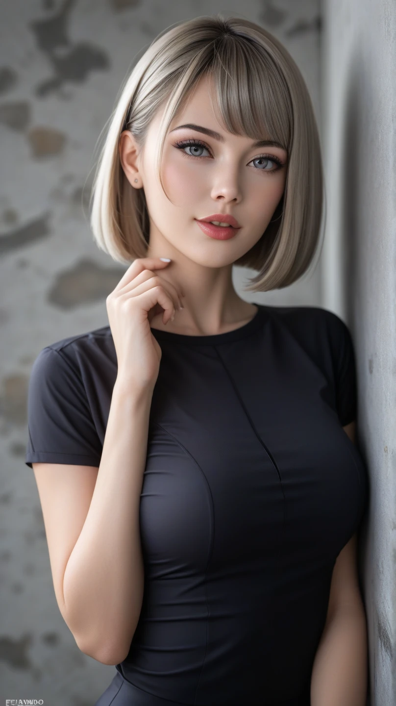 ultrarealistic high quality mugshot photo of a beautiful busty european 18-year-old teen girl with cute hyperdetailed shy happy face and shoulder length platin-blonde classic bob and long legs, realistic round eyes, red lipgloss, decent makeup with eyeliner, wearing casual day-off outfit, cleavage, hourglass body, indoor office photography