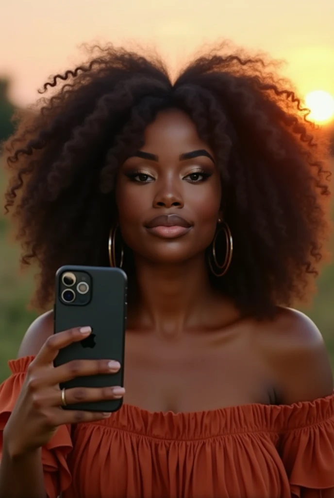  Selfie, she take a selfie, Very blond Curly hair blond, Toffee color skin, beautiful caribean  toffee mixed girl with long blond curly hair and extremely detailled clear yellow eyes , sexy curvy full body, she have beautiful feet and hand, Sitting on the grass in the middle of the tall grass with a few twigs of wheat, firefly flies everywhere, She wears a sexy long top with a black veil sleeve and black skirt, she wears black beautiful Lace-lace sandal ,night