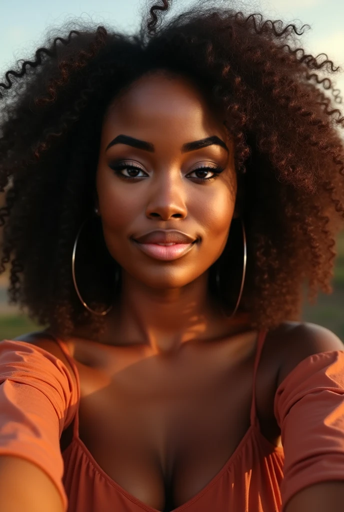 Half body seen from head to navel, extremely curvy, natural beautiful African woman, zero makeup, zero jewelry, chubby round cheeks, full moon face , visible cleft chin, highly curved thin eye brows , closing up eye brows, chest long natural curly black hair, high bridged nose, long nose, highly erected nose tip, narrow nose, eyes look, hazel eyes pupils, left side gazing pupils, slightly thick brown lips, slightly open lips, extremely brown skin, oily shinning skin, football size round breasts, rising sholders, wearing white lace transparent bra, detailed skin pores, cinematic, 4k, award winning, majestic, best photo