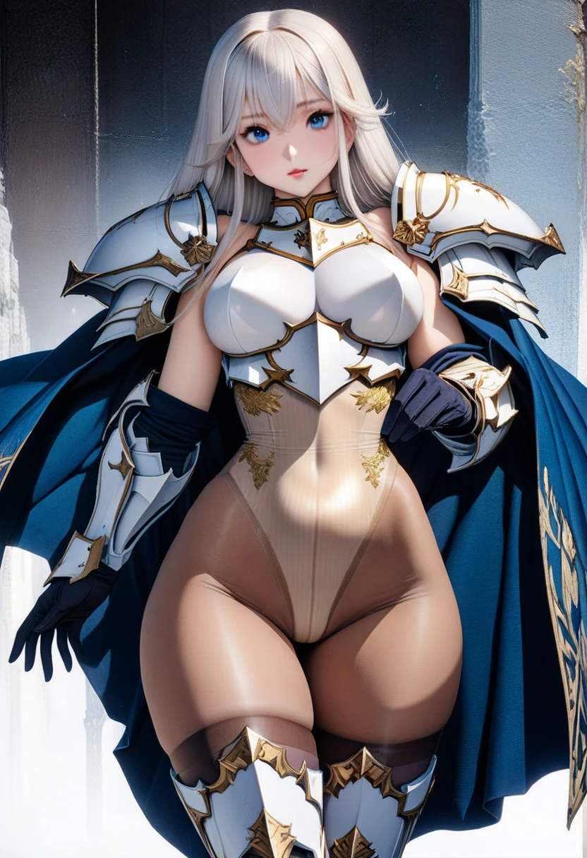 (masterpiece, best quality, plain background:1.2) full body standing height straight symmetrical looking to the viewer, view from below, cowboy shot, extremely long hair, ponytail, perfect anatomy 1girl tall solo, slim thick, ((muscular)) high elf toned body, silver breast plate, blue cape, slender abs, hourglass waist, detailed face, defined cheekbones, puffy lips, gauntlets, gold crown, shadow over eyes, white thigh highs lingerie