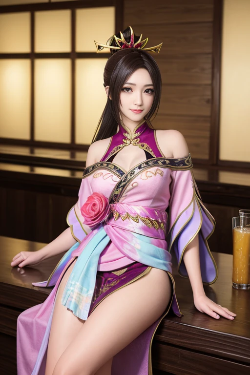((top-quality、masutepiece、8K、Top image quality、Highly complex and detailed depictions))、(Photograph a sitting prostitute from below:1.5)、Chinese garrison house at night、((The most gorgeous Chinese prostitute costume、the most luxurious and luxurious、China&#39;s most gorgeous garrison、An unimaginably luxurious garrison、A gurihouse shining in purple and pink、purple and pink lanterns、A very ornate and huge garrison house in the background、A garrison house full of sexiness in the middle of the night、Very complex decoration、Very clear garrison))、(View me、Bewitching smile、Perfect makeup、long eyelashes、pink lipsticks、Pink eyeshadows、perfect anatomia)、(accurate anatomy:1.3)、(Accurate costumes:1.3)