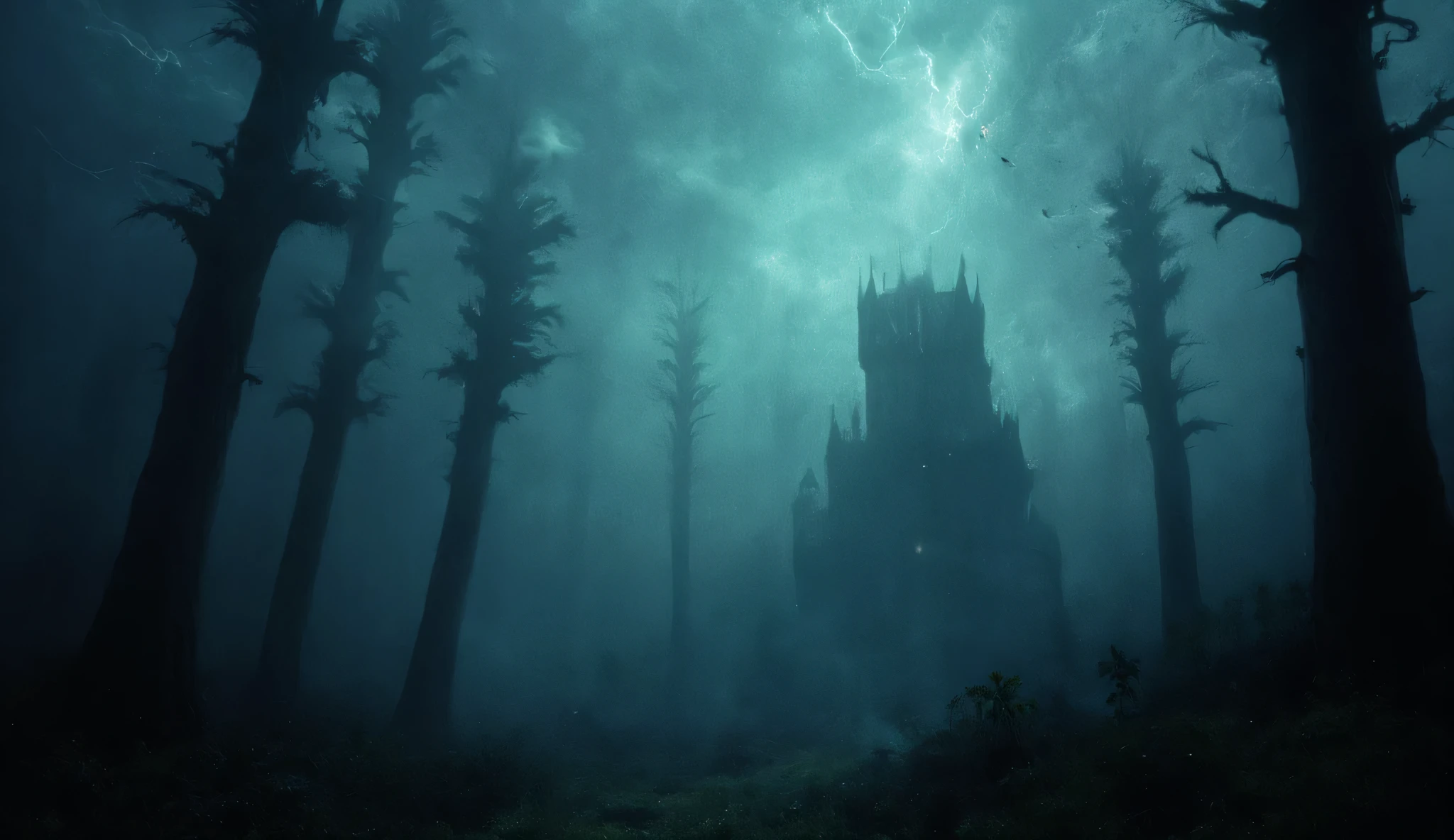 Landscape, dark foggy woods, twisted trees, a black castle sits on a hill in the background, nighttime, dark clouds, dark ambience, dark aesthetic, high detail, masterpiece.