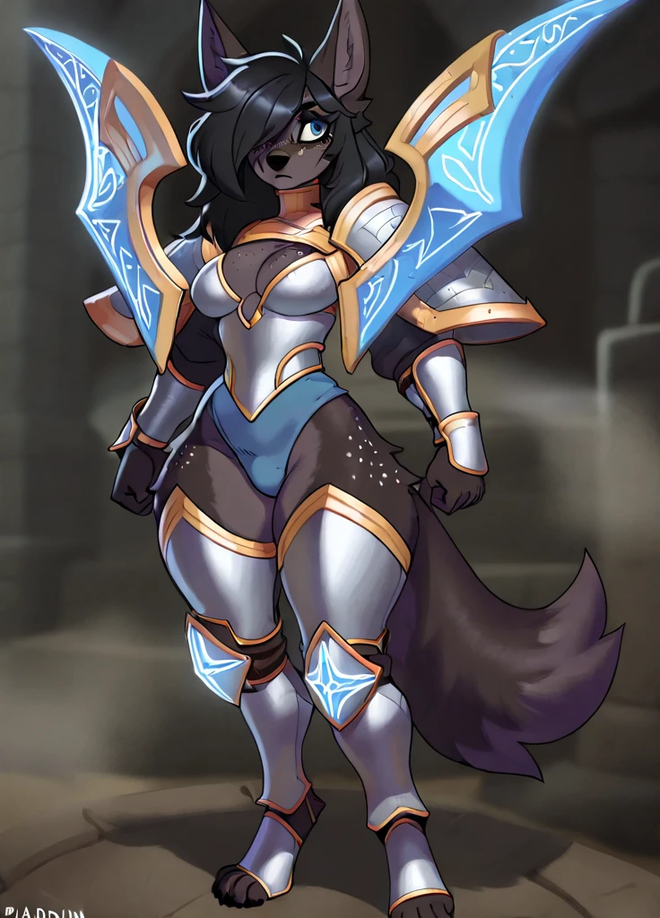 (1girl: 1.7), ((solo)), (dark skinned:1.8), goblin girl, azure_hair, very long hair, wide body, (small stature:1.6), (huge breast:1.6), hair between eyes, wide hips, blue eyes, mole, mole on chest, age up, lips, big lips, big noise, thick eyebrows, (chubby:1.7), smile, freckles, (knight of the middle ages: 1.5), castle, (paladin armor: 1.8), black armor, full armor, sword, huge ass, (from behind: 1.7)