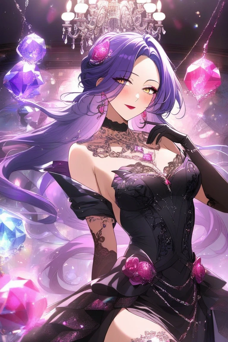 Fashionable girl, short purple hair, red strand, blue eyes, wolf ears and tail, black light beautiful dress, smile, masterpiece, high quality