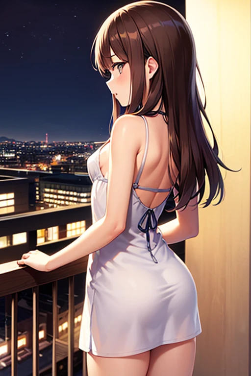 masutepiece,Best Quality,High resolution,Fine details,独奏,Adult Woman,blush,Curve,((Delicate white underwear)),(On a luxury hotel bed),sexy hips、Long Wave Hair、dark brown hair、Stretch the hem of the buttocks with a slouch、Mid-chest、blue eyeasterpiece、Highest quality, High resolution, uhd, Pixel perfect, Depth of written boundary, 4K, RTX, HDR)), 1 Girl, single, alone, 24-years-old, Beautiful Anime Girls, Beautiful art style, anime character, ((Parted bangs, Brown Hair)), (blue eyes、Round eyes, Beautiful eyelashes, Realistic eyes), (Detailed face:1.2), (Smooth texture:0.75, Realistic texture:0.65, Realistic:1.2, Cinematic, Anime CG Style), Perfect body, Best Bust、Bust 85、Perfect Body、nsfw:1.8,Visible from the thighs、Night Background、Beautiful white panties、Bamboo、wind chimes、Put your hands on the window、milky way、Seen from behind、Bra shoulder straps