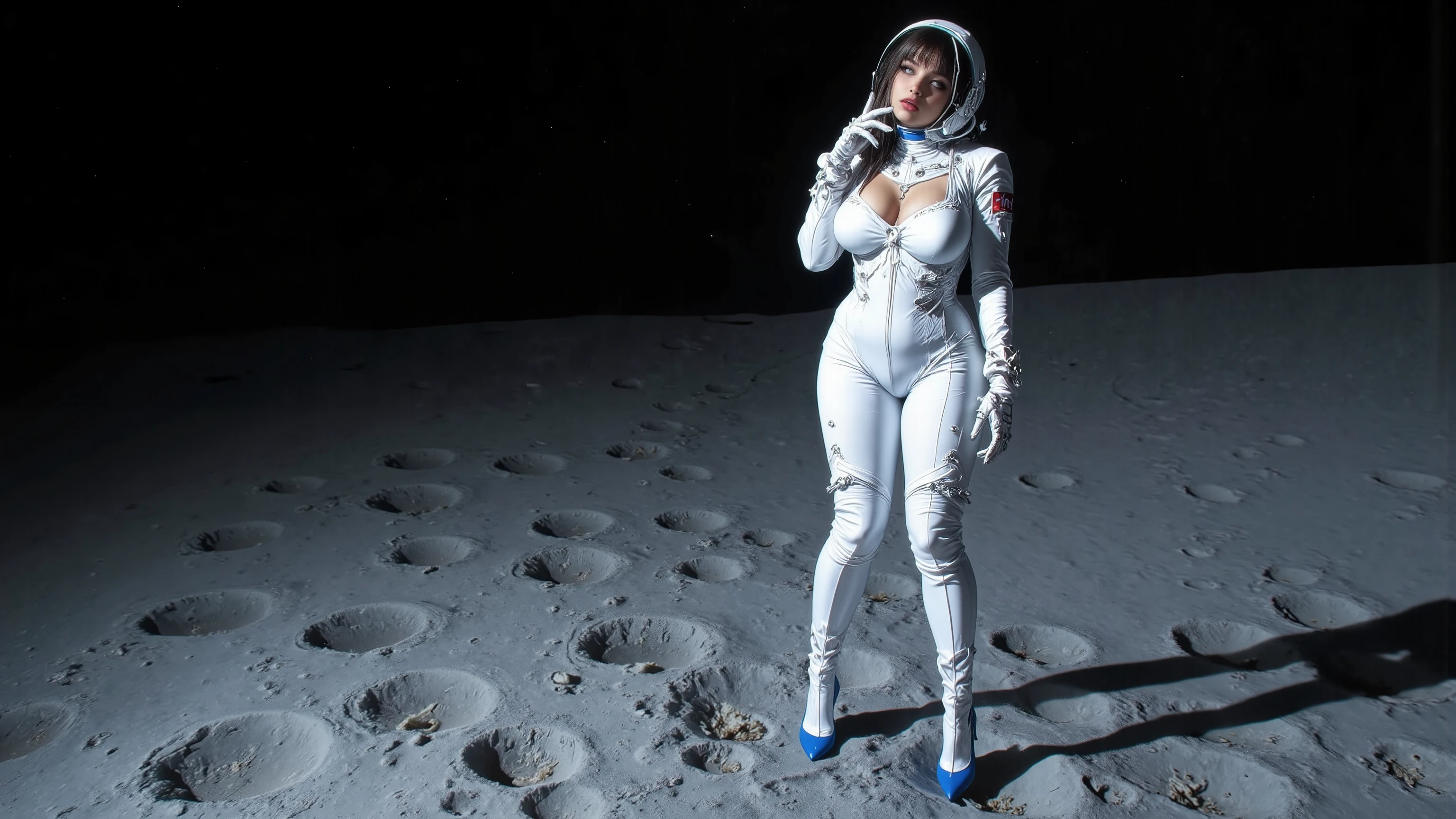 Young woman, gorgeous, spaceship, moon, sexy clothes, futuristic suit, Spy, super quality, super figure, no hands visible