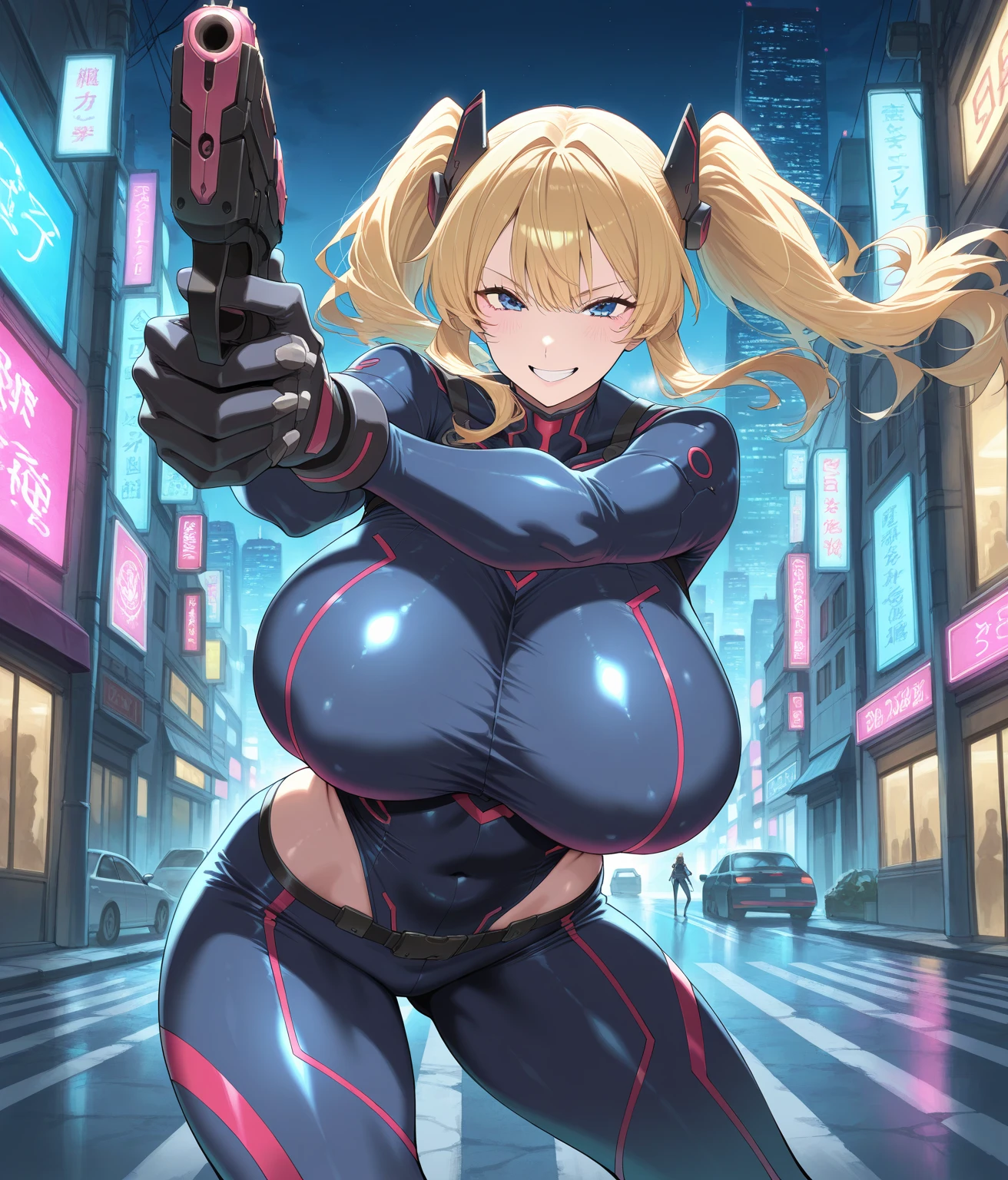 (Little sister, Ten_years_old girl, high cut leotard, angry scream, open mouth, freckled skin, pigtails hair, fullbody, platform heels, Cyberpunk,, blond), near big sister, (very wide hip, huge thighs, very big thighs, big breast, young girl, Pullover, whole body to see, angry, scream, Open mouth, lace short hair, platform heels , thin waist, fullbody, , high cut leotard, sleveless, shoulderless, figthting, battle, gun, cyberpunk, leg garterbelt), sisters, bigsister and little sister,