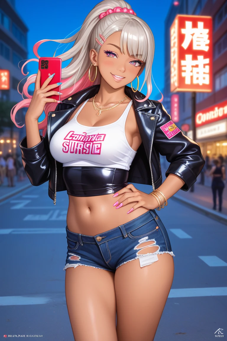Silver hair ponytail, A dark-skinned woman wearing a black dress shirt and slim jeans is preparing a large amount of fried shrimp。.　Showing your belly button　Alluring thighs