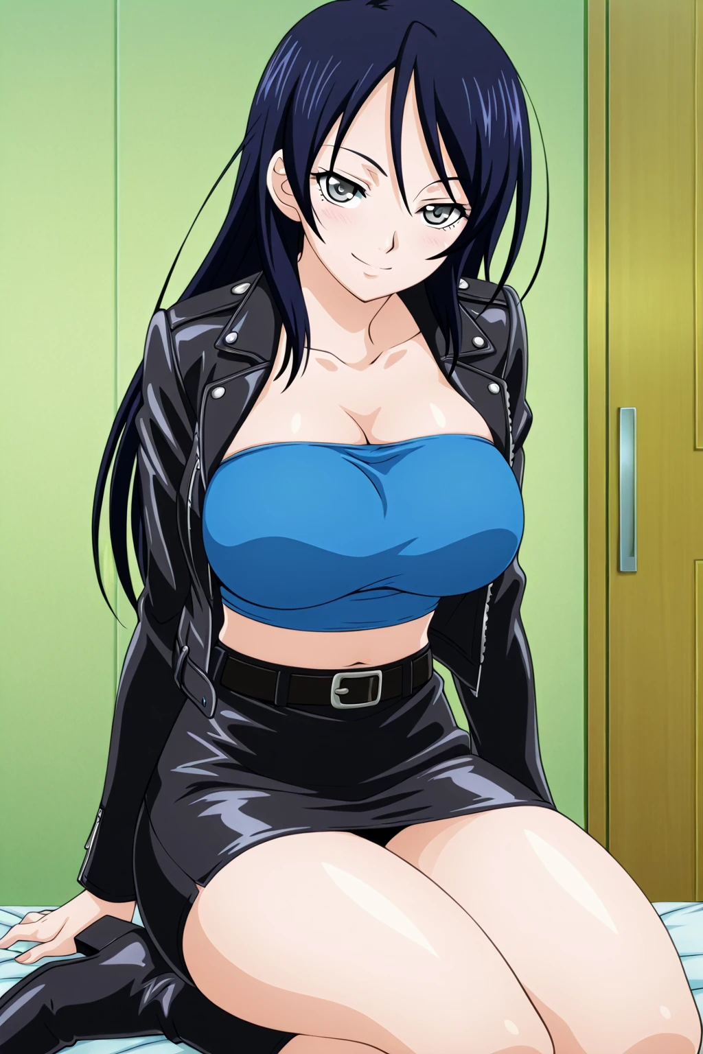 KozonoNami, long hair, black hair, yellow eyes,black hair, evil smile, blush, lipstick, Hot girl, baddie, staring, glaring, bad attitude, mean girl, dare, angry, hate, crazy, smoking, sensual, attractive, mall, shopping center,indoors masterpiece,high quality,4k, bare shoulder,belly,crop top,holding pistol,cleavage,casual dress, shirt, knot,smile, open mouth, evil expression, exposed belly, exposed navel, exposed midriff, exposed lower belly, crop top overhang, underboob,jacket, unbuttoned jeans , low rise black jeans, Low rise jeans, Low rise jeans with open fly,