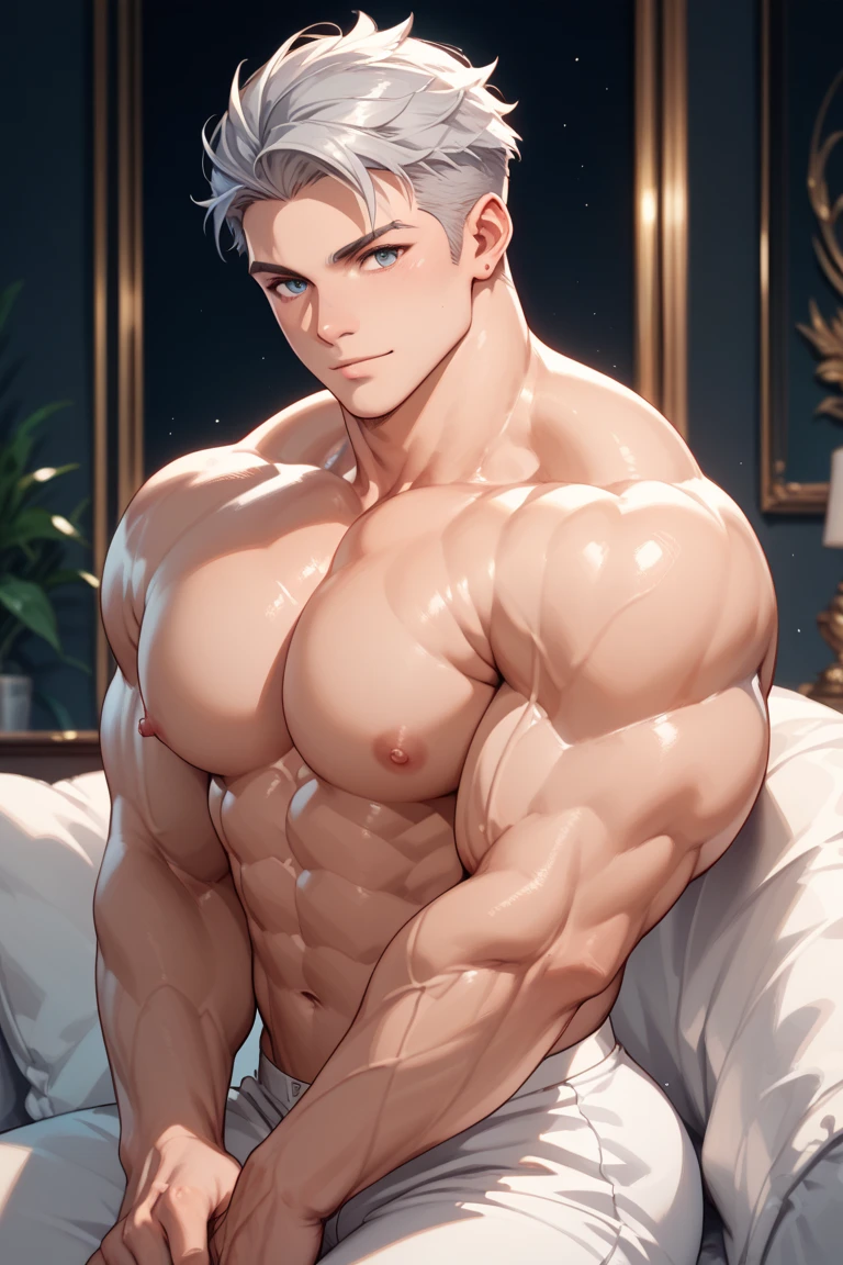 Handsome boy, handsome, masculine, full muscles, no body hair, full body picture, long view, no clothes, no pants, no panties, sitting on bed, silver hair, blue eyes, bronzed skin --auto --s2