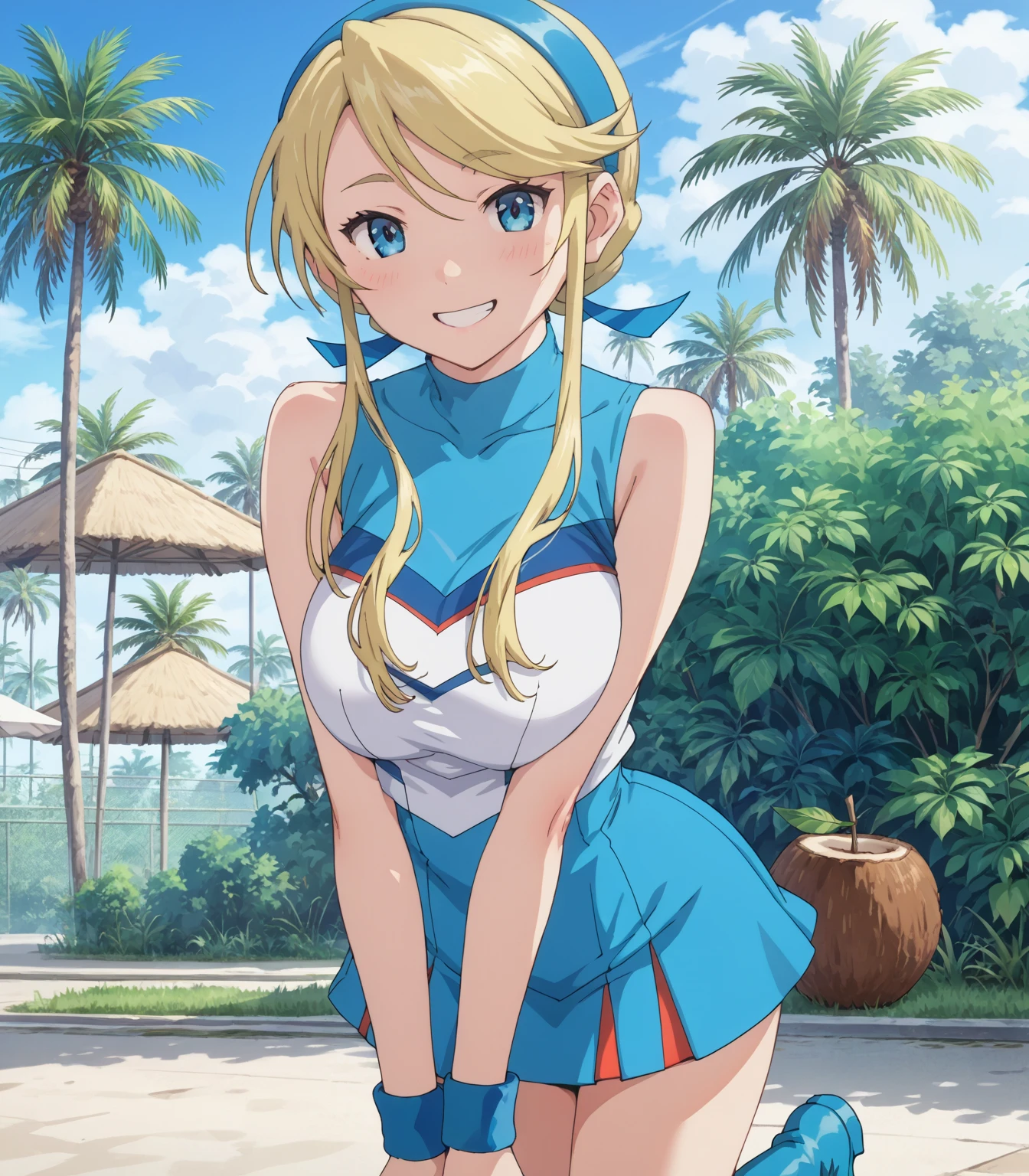 <lora:Rebeca_V1_XL:0.6>, Rebecca Bluegarden, 18 year old girl, blonde hair, long hair, 1girl, with white bra and string panties, anime, smile, hands on breasts, Hiro Mashima style, blue eyes, blue choker, futuristic town in the background, light smile, realistic, 3d,