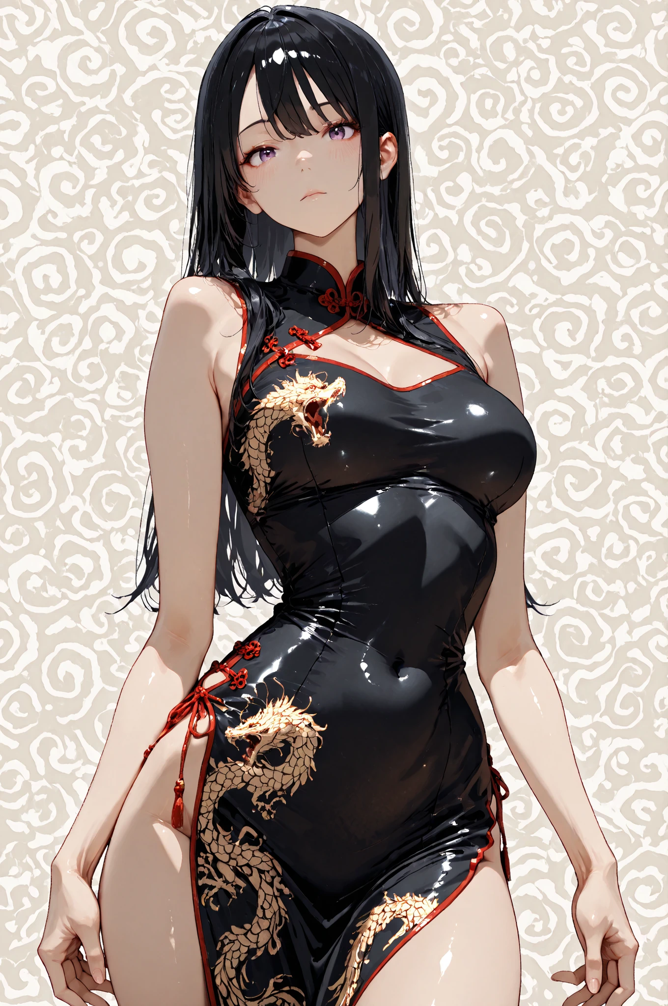 {masterpiece},ultra highres,official art,best quality,(8k hd),(photorealistic), illustration,(1 mature lady,close range:1.2),sexy body,(random pose),pretty face,(big beautiful detailed eyes),(black long hair:1.4),flowing hair,(black leather cheongsam:1.3),(sleeveless),(gigantic breasts:1.5),(fully clothed:1.2),raised nipples,folds on chest,(soaked),(looking at viewer),(chinese forbidden city),lanterns,crowd,detailed background,seductive smile,