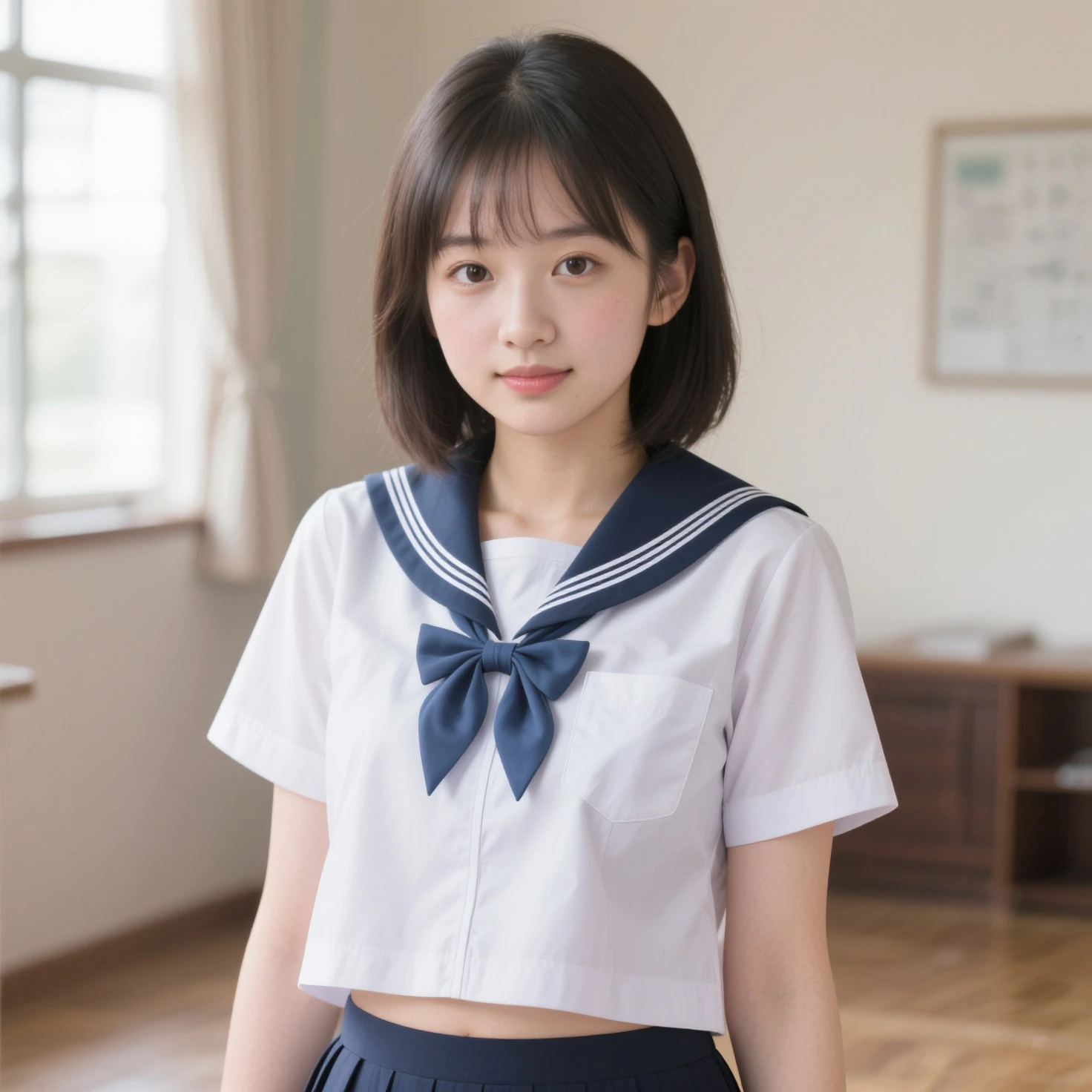 8k,masterpiece,Japanese,14-year-old girl,smile,Calm Eyes,semi-long,Black Hair,bright,uniform,Sailor suit,Short sleeve,Summer clothes,Standing posture,Navy Pleated Skirt,Thighs