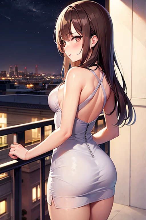 japanese, hostess makeup, brown hair, smile, dynamic angle, high res, (photo realistic:1.2), (highly detailed:1.1),(Sleeveless Dark Grey Bodycon Dress:1.3)),(View of the city at night), window, delicate background, bokeh, professional lighting, physically-based rendering, ((backshot)), slim, sexy, ((stick out butt)),