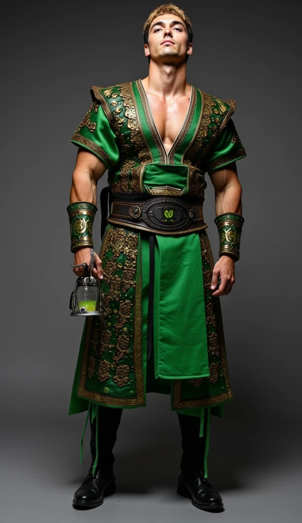 photo of a (japanese man), wearing jade (wizard robe armor), (holding staff), <lora:Clothing - Jade Armor:0.6>, circlet, realistic, masterpiece, intricate details, detailed background, depth of field