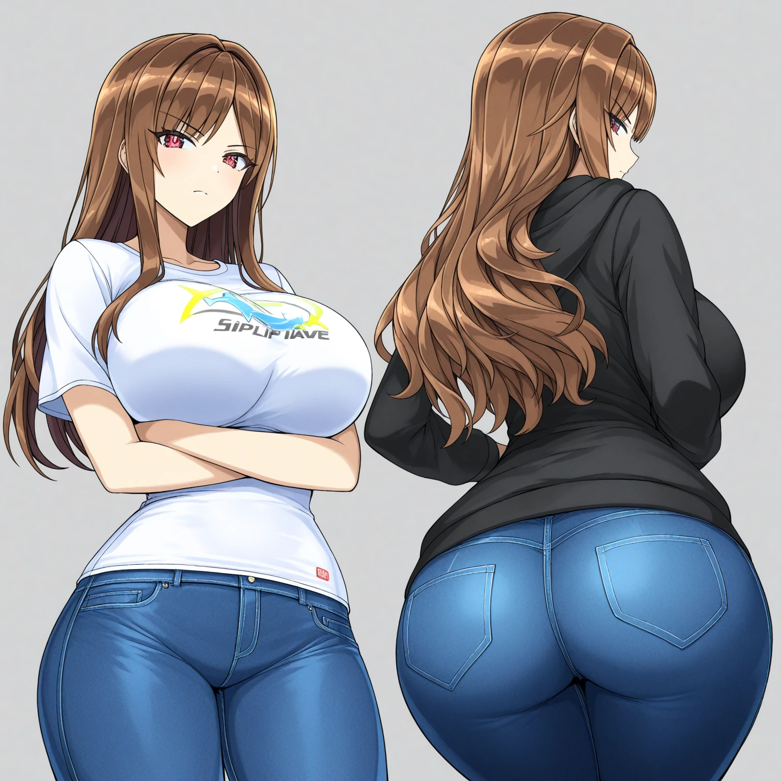 A Beautiful Cute Girl, (17 years-old), with (Lush, Long Dark-Brown Hair), Big Beautiful Blue Eyes, Abnormally Enormous Breasts, Massive Butt, Exceedingly Enormous Thighs, Incredibly Thick, short but very curvy figure. Wearing a Red Cropped Shirt, and Worn Jeans. Facing camera, in a Modern House,