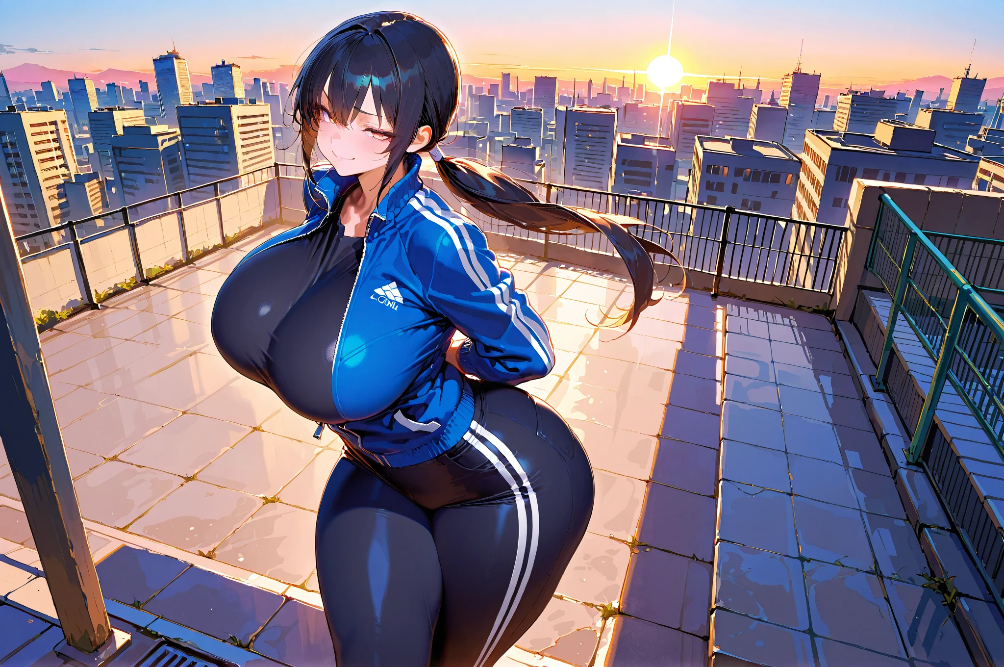 masterpiece, best quality, ponytail, hair tie, blue hoodie, tight black yoga pants, athletic curves, tight ass, large breasts, huge breasts, looking at viewer, city background, cowboy shot, (best quality, ultra detailed, photorealistic: 1.39), bright and vibrant colors, studio lighting, romantic expression, seductive, cute girl pose
