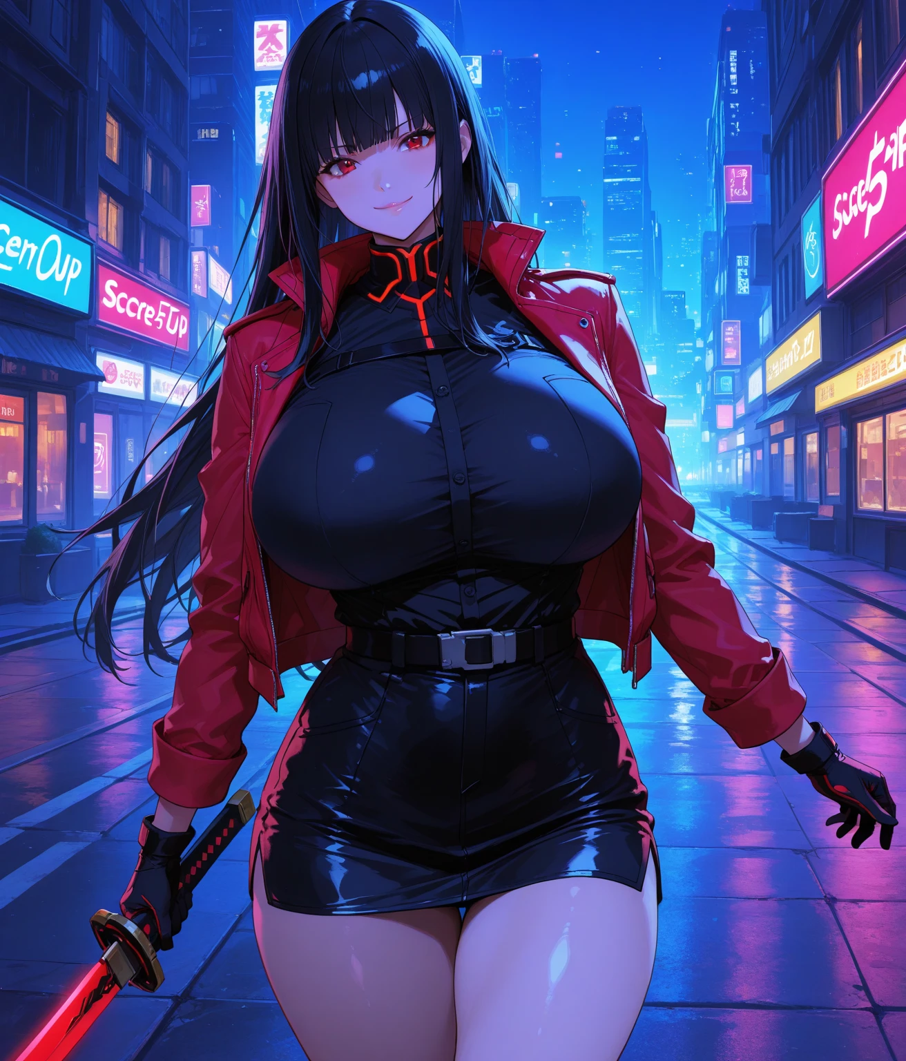 professional artwork, Intricate Details, field of view, sharp focus, detailed painting, photorealistic lighting, trending on pixiv, Standing at attention, black outfit ,yellow collared shirt,black and red bodysuit,skin_tight,black legwear, black pantyhose, Side_boob, black hair,very long hair, Bangs,yellow eyes,makeup, lipstick, 20yo,mature female,Beautiful Finger,Beautiful long legs,Beautiful body,Beautiful Nose,Beautiful character design, perfect eyes, perfect face, looking at viewer,official art,extremely detailed CG unreal engine 8k wallpaper, perfect lighting,Colorful, Bright_Front_face_Lighting, (masterpiece:1.0),(best_quality:1.0), ultra high res,4K,ultra-detailed, photography, 8K, HDR, highres, absurdres:1.2, Kodak portra 400, film grain, blurry background, (Beautiful,large_Breasts:1.4), (beautiful_face:1.5),(narrow_waist), (solo:1.4), ((landscape dimension)), rich detailed makeup, rich detailed eyeshadow, rich detailed lips, rich detailed lipstick