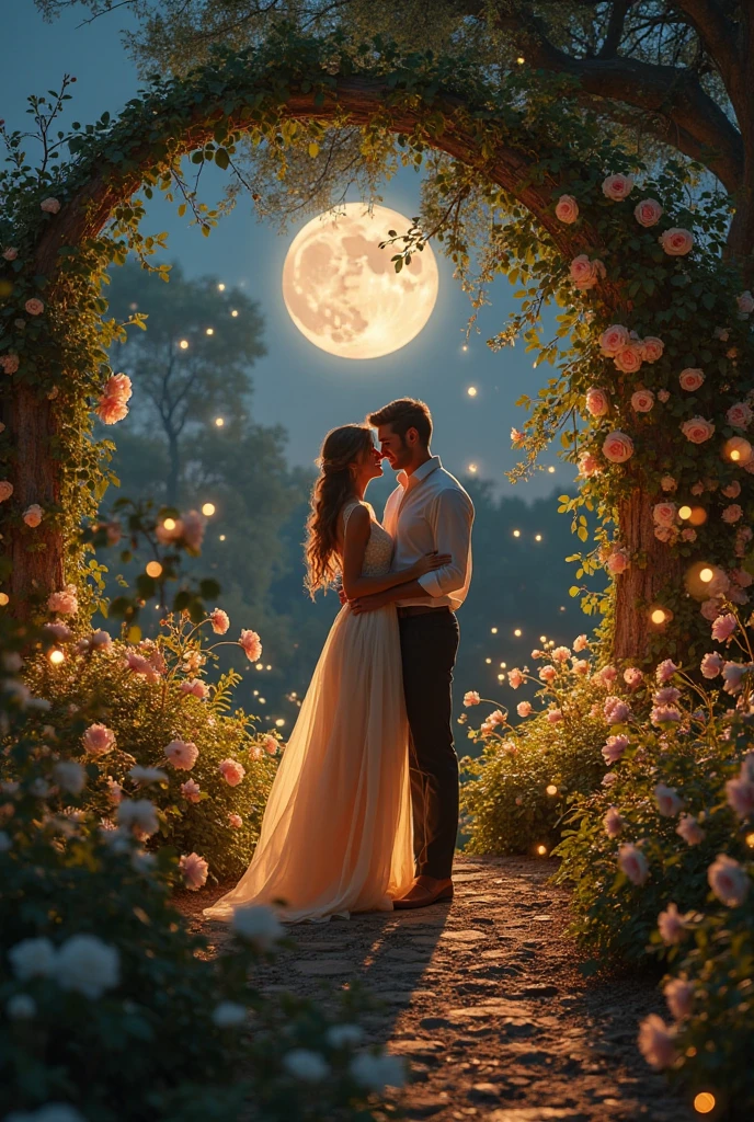 (Moonlit Confession, Couple proposal:1.2), moon night, Under an archway covered with ancient vines, a pair of lovers are standing in a hidden garden. The moonlight falls from the gaps in the tree crowns above, forming dappled light and shadow. The garden is blooming with all kinds of fragrant flowers at night. The man is holding the flowers in his hands and looking at his lover lovingly, film, color negative, beautiful cinematic lighting, photography, beautiful cinematic lighting, RAW photo, color graded, surreal, (captivating chiaroscuro:0.1), dynamic movement, full body, award-winning, cinematic still, emotional, dynamic, vivid, (masterpiece, best quality, photorealistic, Professional, perfect composition, very aesthetic, absurdres, ultra-detailed, intricate details:1.3)