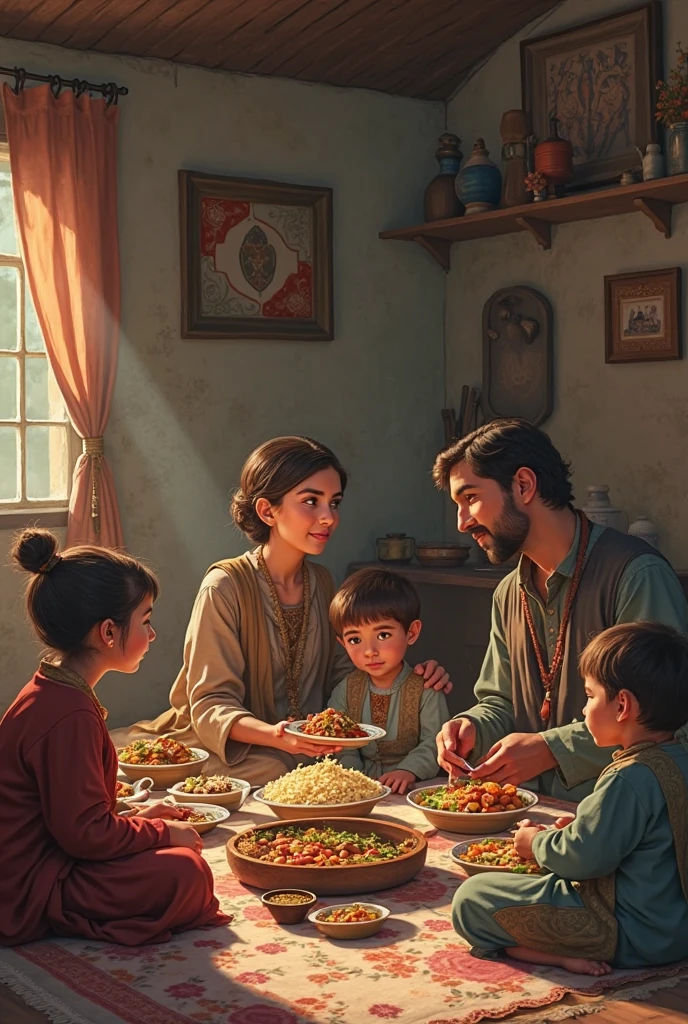 A father is sitting on a bench and looking at mom, mother is cutting vegetables. Two boys are watching at them in poor village room