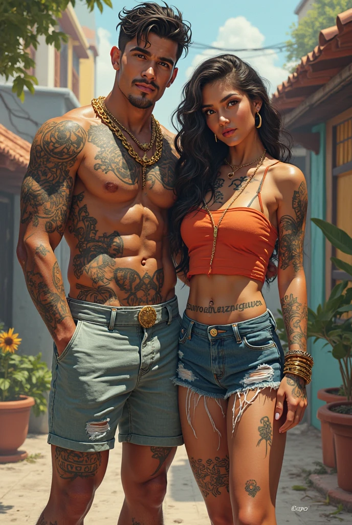 Disney type poster with a couple in love, Girl with black hair, gold glasses, labios rojos y Brown eyes, Brown hair boy, Brown eyes, with tattoos on his arms and a small mustache