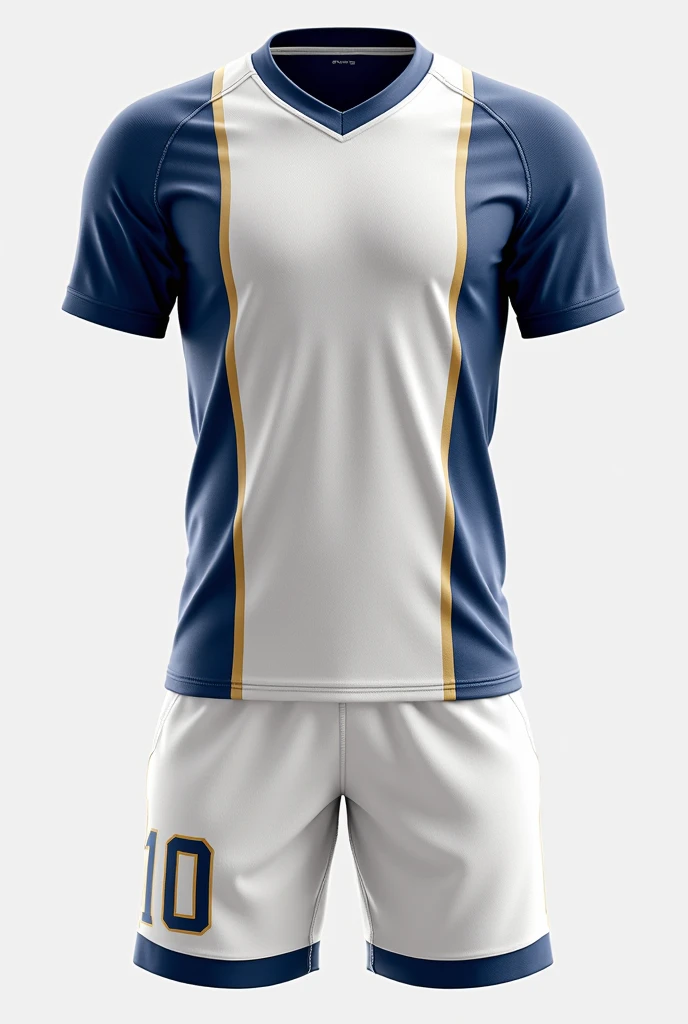 create a uniform for a football team called IPASEP where the predominant colors are Blue and White, The uniform should be white with blue and gold details, with white shorts with blue and gold details