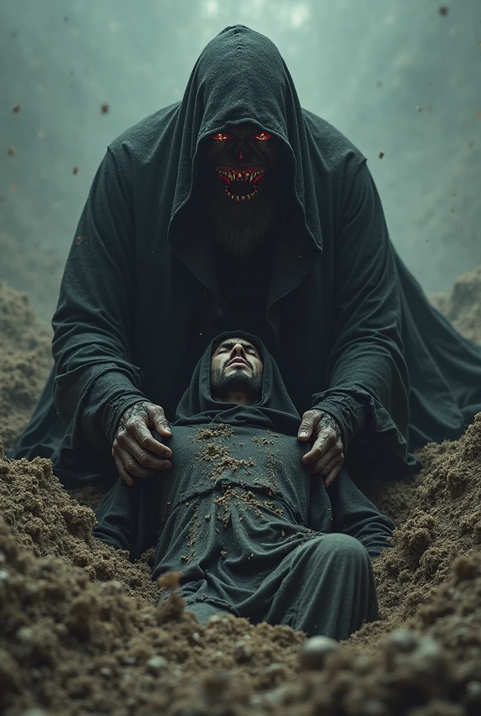 A black shadow ghost-like figure with sharp metal teeth and glowing yellow eyes wearing a black cloak in a foggy night forest ripping a bloody hiker apart, ????, nightmare