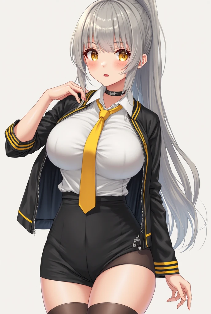 grey wolf \(kemono friends\), 1girl, two-tone hair, long hair, large breasts, wolf ears, heterochromia, wolf tail, fur collar, collared shirt, black shirt, breast pocket, plaid necktie, plaid skirt, pleated skirt, white gloves (holding her breast), two-tone thighhighs, fur-trimmed boots