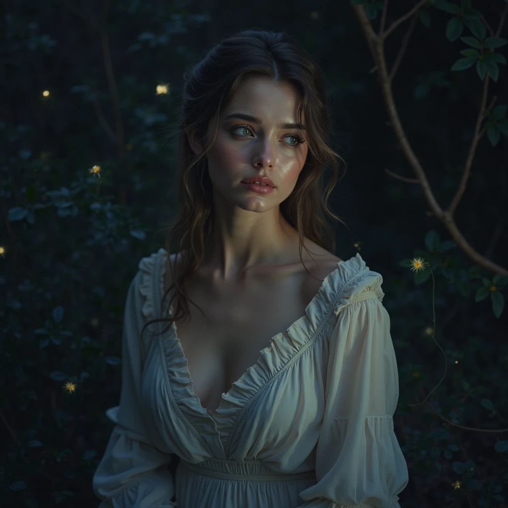 Emma Watson, In a negligee, Realistic night, stars, moon, Dim lighting, clouds, haze, beautiful gloomy landscape, black grass, instead of flowers, magical black and blue crystals grow, fireflies, Gothic, horror, aesthetically pleasing, beautiful, realistically, professional photo, 4k, A high resolution, High detail, 30mm lens, 1/250s, f/2.8, ISO 100, 16K, 3D.