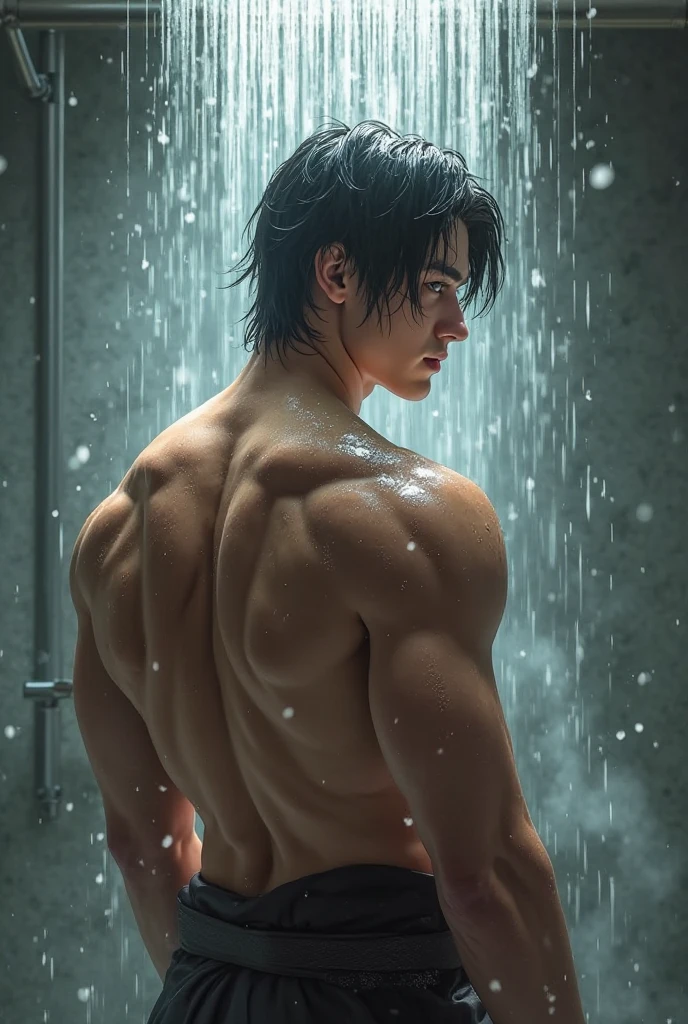 Wet by the liquid  by men，The male stands next to the lower body and shoots out