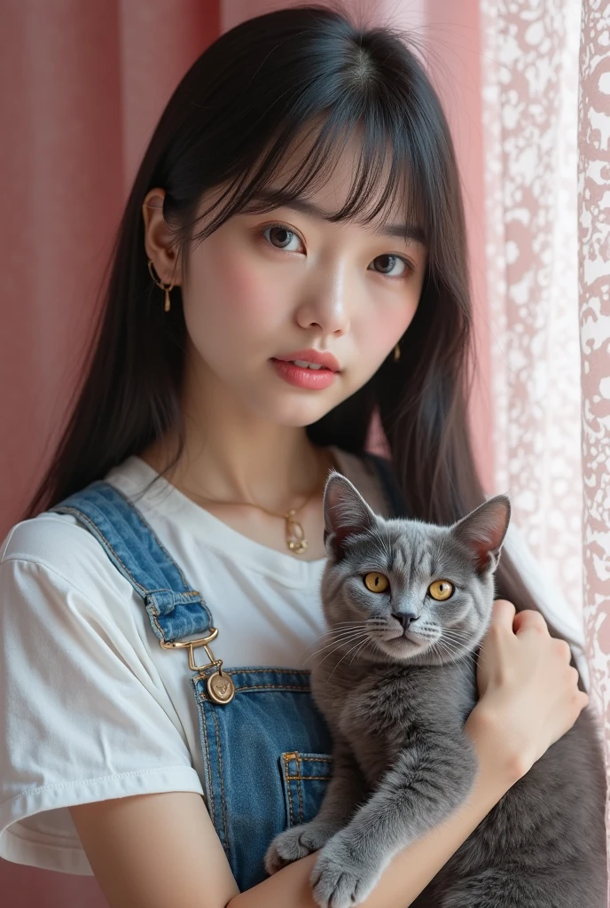 highres, 8k, absurdres, realistic, (Chartreux:1.3),  animal_focus, close up, Chartreux, 1girl, kwf,  cat, animal, realistic, holding animal, jewelry, earrings, blurry, looking at viewer, black hair, holding cat, blurry background, brown eyes, solo, smile, long hair, depth of field, portrait,  holding, holding cat
<lora:Chartreux_v3-000010:0.55>  ,  <lora:kwFemaleBeta32_v13:0.45>