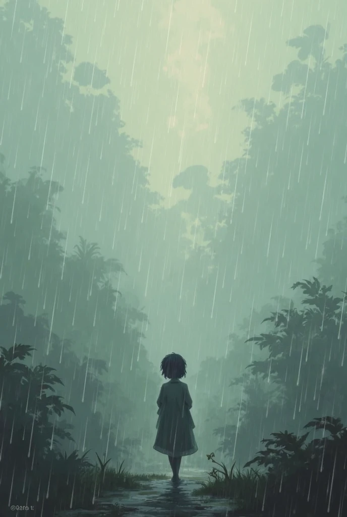 A sad child looking at the sky under the rain, it is day.. There is a lot of vegetation around him and a village house at the edge of the road..
