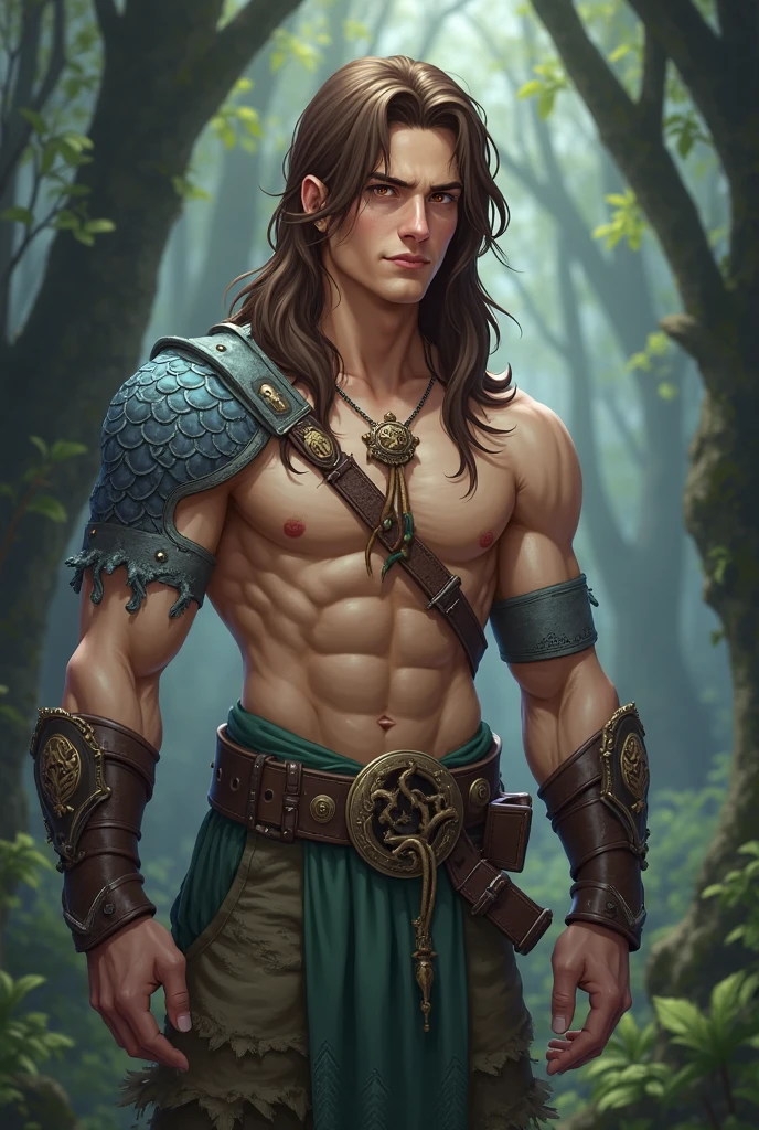Male elf with bronze skin and wavy hair wearing a leather armor.