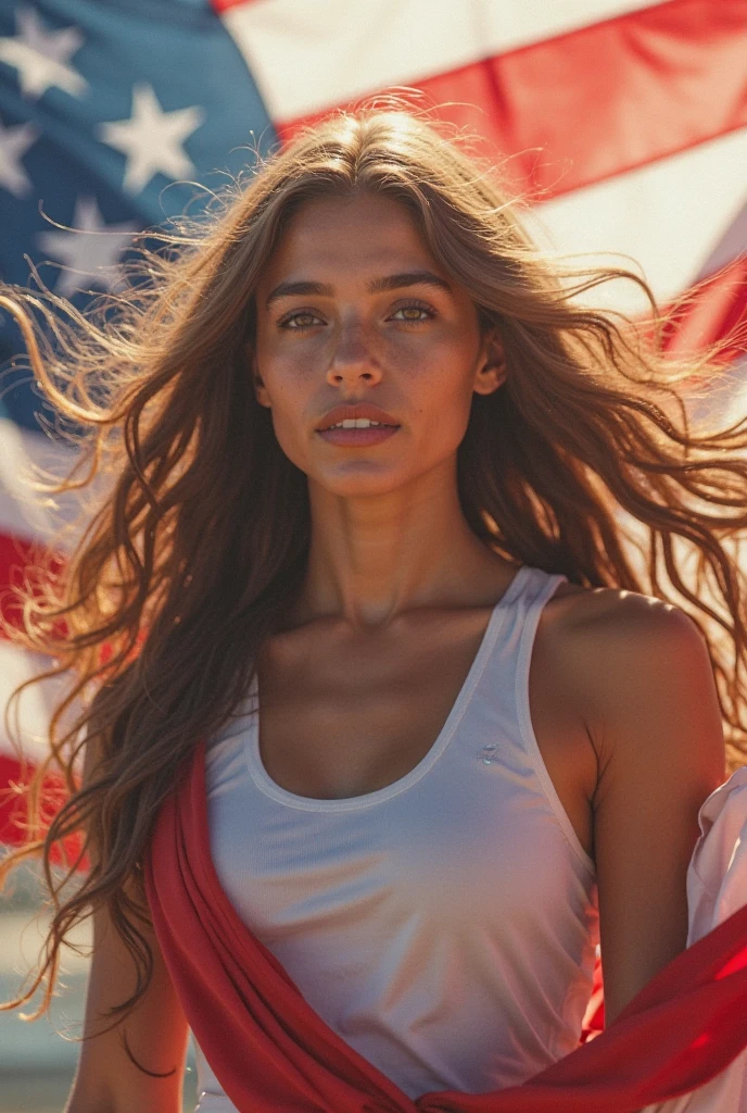 Alex morgan dressed in sexy traditional usa clothes and smiling