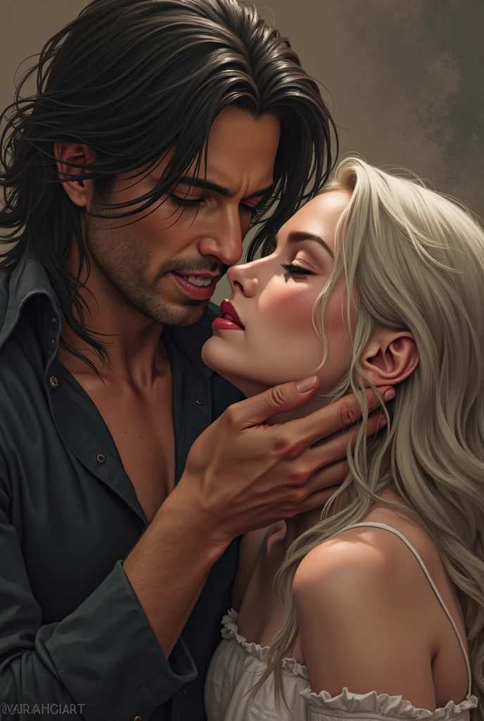 Create an [Comic book Luis Royo art style] kissing couple of a dark-haired man (henri cavil) and a blond girl with [detailed linework], [dynamic shading], and [rich colors]. The young blond girl have [full body], blue eyes [expressive facial features] and [fluid body movements], with close attention paid to [her black liquid sensual dress with black lace veil], (fabric with intricate pattern:1.2), [heart-shaped] face, [delicately proportioned], with a [small nose] and [high cheekbones], full lips, [shinny blond straight medium hair styled], [black eyeliashes and brown], long, full eyelashes that add to her feminine charm, [slim petite body], neck exposed by the hair in a chignon, Lili from the movie Legend, fairy. The man has black hair, dark detailed eyes with shadows on the scleras, pale skin, dark clothes with dark light armor, Henri Cavil.  [dark cave background] [dark atmosphere]  should showcase [visible skin pores] that add to the realism. [imperfect, uneven, and irregular skin] should be depicted with [specular reflection], [subsurface scattering], and [diffuse reflection], capturing the [fair skin tone] The image should be captured in [natural light], with [soft shadows] that highlight her. The colors should be [RAW] and [vibrant], showcasing the [tragic] elements of the character, while remaining grounded in a sense of [realism]. Aim for a [photorealistic]. The image should have [intricate details]. The overall mood of the image should be [victorian], [ghotic] with a sense of [magic] and [power].