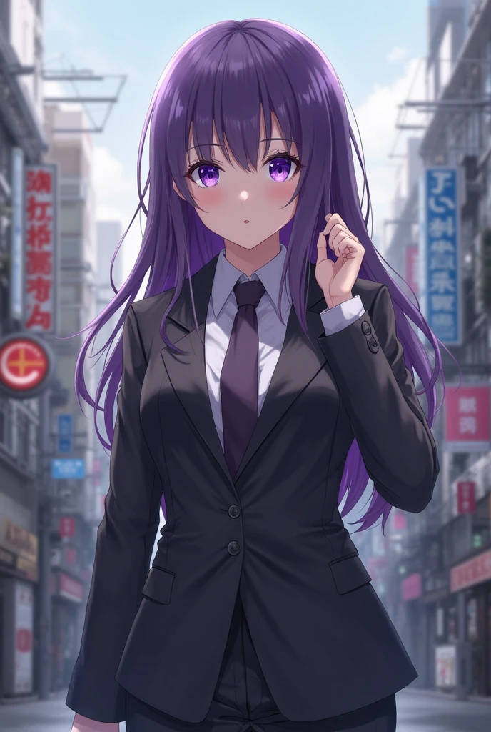 (masterpiece:1.37), best quality, (extremely detailed:1.37) woman, (adult:1.5), (very long hair:1.5), dark purple hair, purple eyes, (extremely detailed eyes:1.37), breasts, business suit, necktie, (very long pencil skirt:2.0), pantyhose, (wetting herself:2.0), arms behind back, standing straight, full body day, daytime, glow, facing viewer, perfect composition, full body, city, street