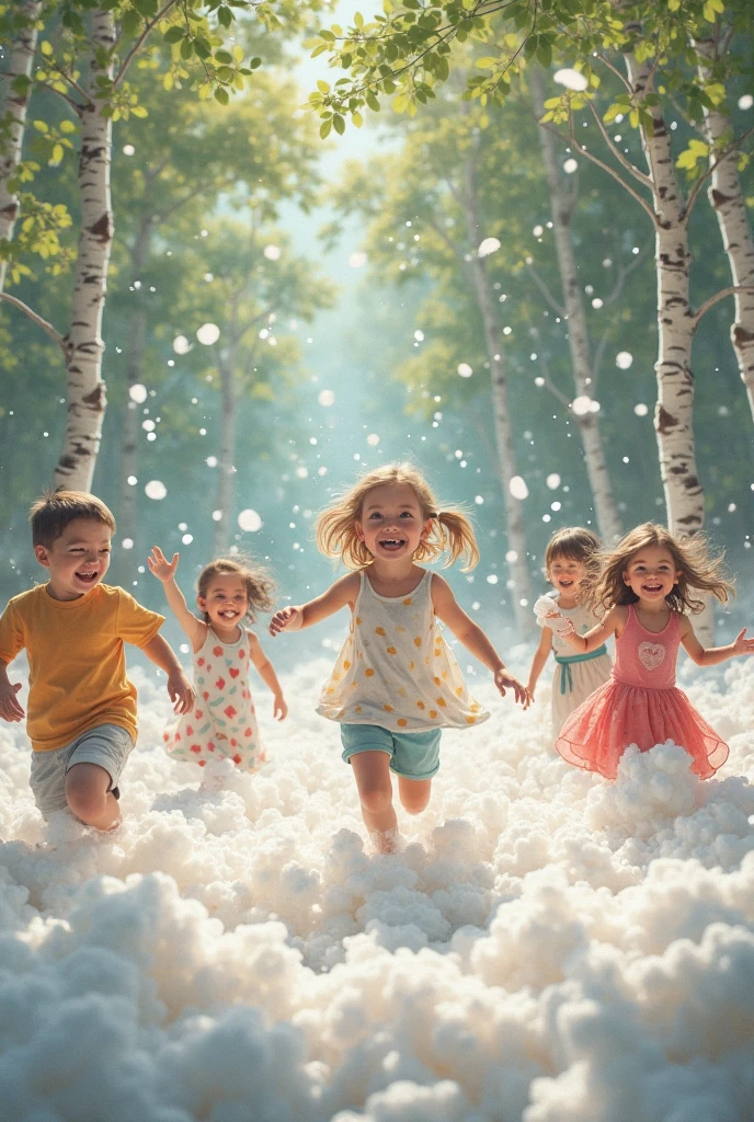 A group of kids, around 6-, laughing and running through thick foam created by a foam cannon. The scene is set outdoors on a bright, sunny day, with foam bubbles floating in the air, reflecting sunlight.