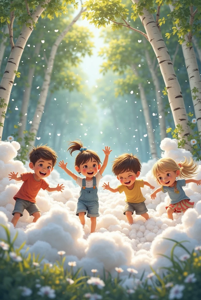 A group of ????, around 6-, laughing and running through thick foam created by a foam cannon. The scene is set outdoors on a bright, sunny day, with foam bubbles floating in the air, reflecting sunlight.